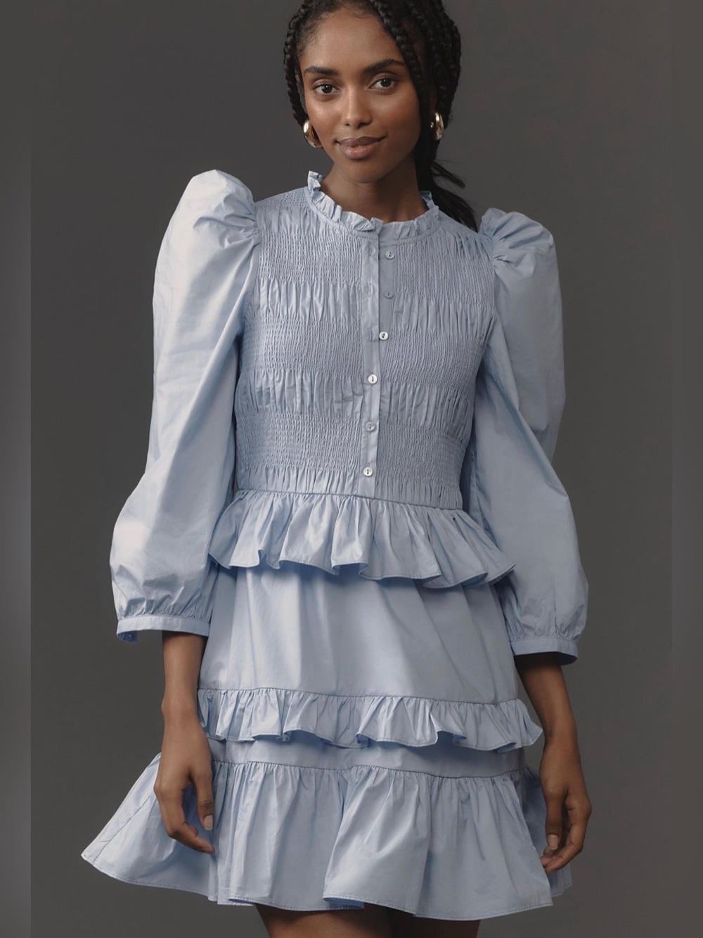 NWT - English Factory Light Blue Puff-Sleeve Smocked Tiered Mini Dress size M